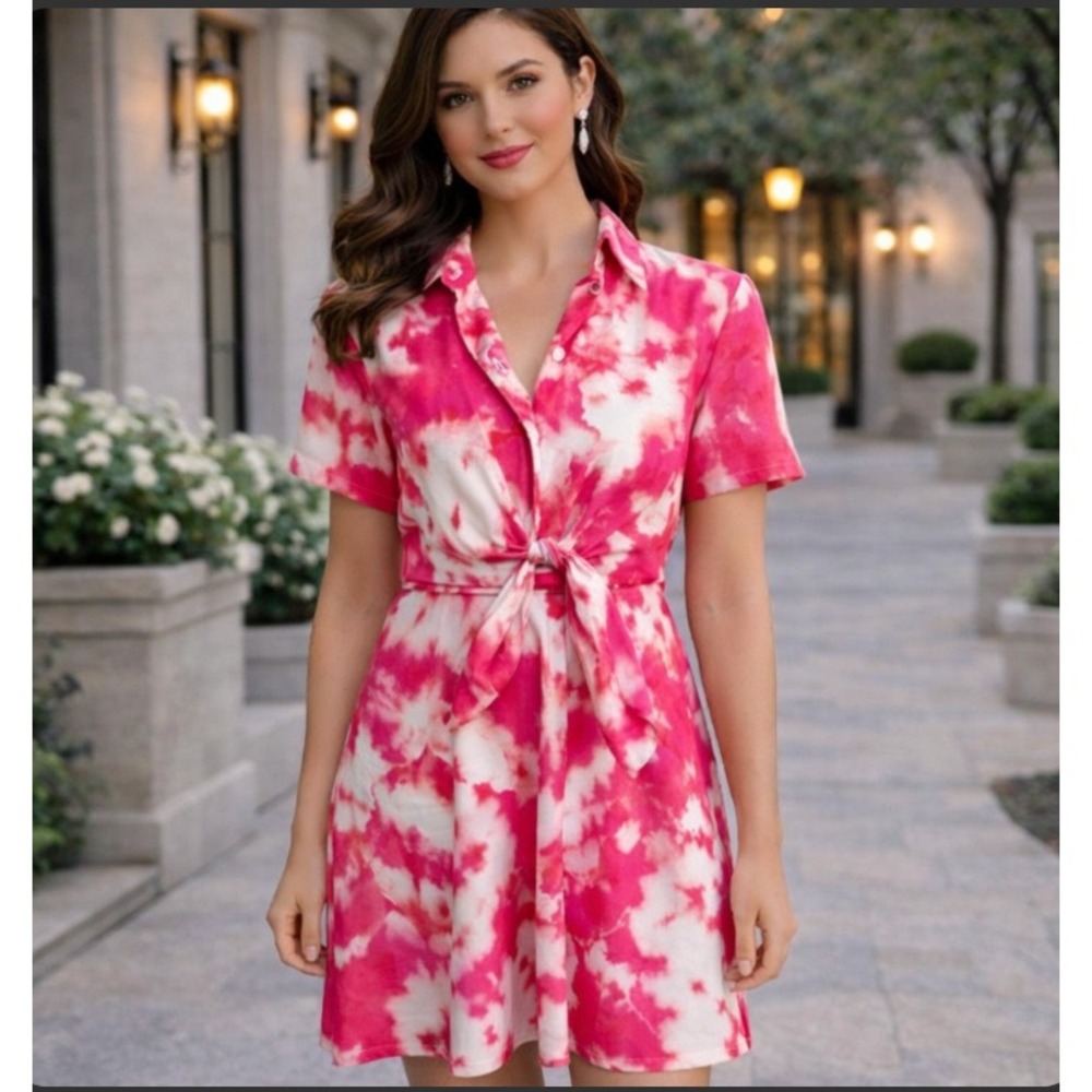 Thakoon Collective Tie Front Dress Women‎ 4 Pink White Tie Dye Short Sleeve